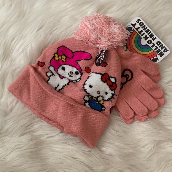 HELLO KITTY & FRIENDS My Melody Hello Kitty Knit Beanie with Matching Gloves - Picture 1 of 5